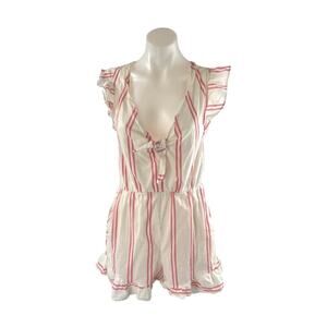 BCBGeneration White Pink Stripe Cap Sleeve Deep V Neck Ruffle Romper Jumpsuit S